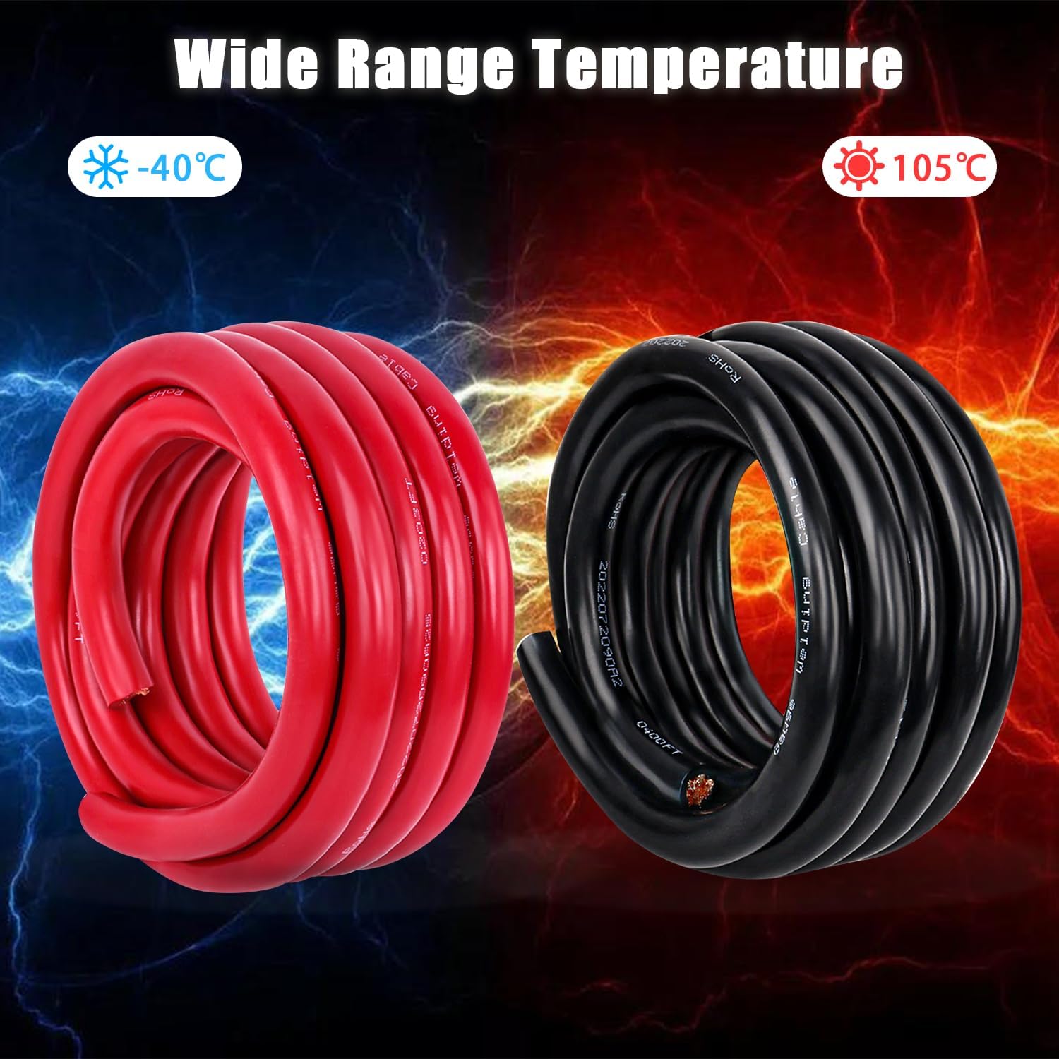 1/0 Gauge Battery Cable Copper Wire, 25FT Red+25FT Black 1/0 AWG Welding Cable Standard USA OFC Wire for Automotive, Battery, Solar, Marine and Generator