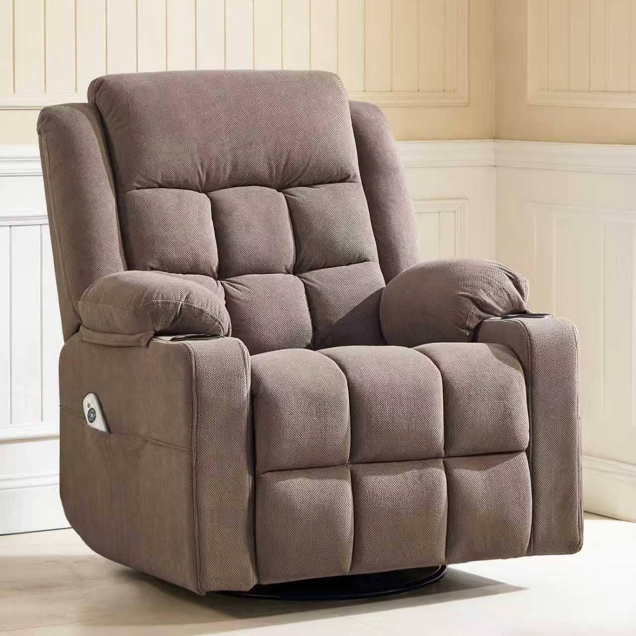 Swivel Rocker Recliner Chair with Massage and Heating,Cup Holders,Glider Recliner for Adults,Soft Fabric Living Room Nursing Reclining Sofa Chair (Coffe)