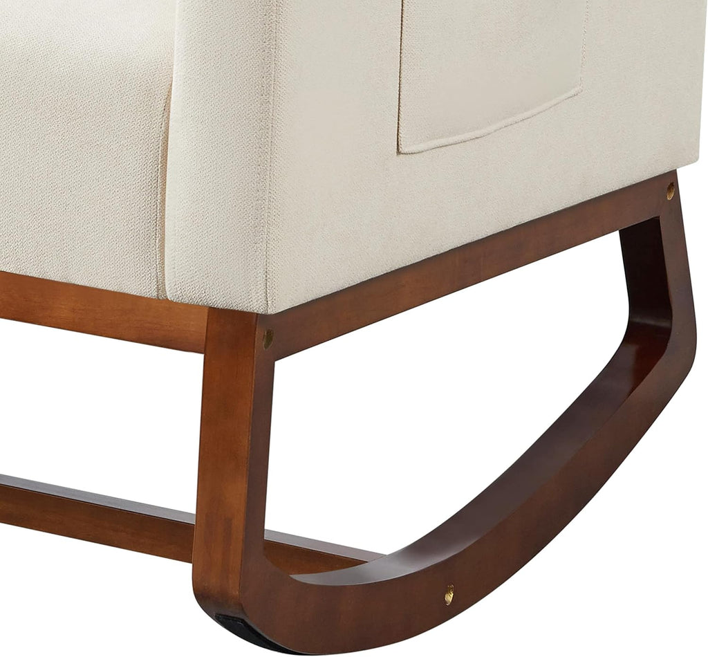 Topeakmart Upholstered Rocking Chair Nursery Modern Accent Chair with Wood Legs Side Pocket Armchair Glider Rocker for Nursery Living Room Bedroom Lounge Beige