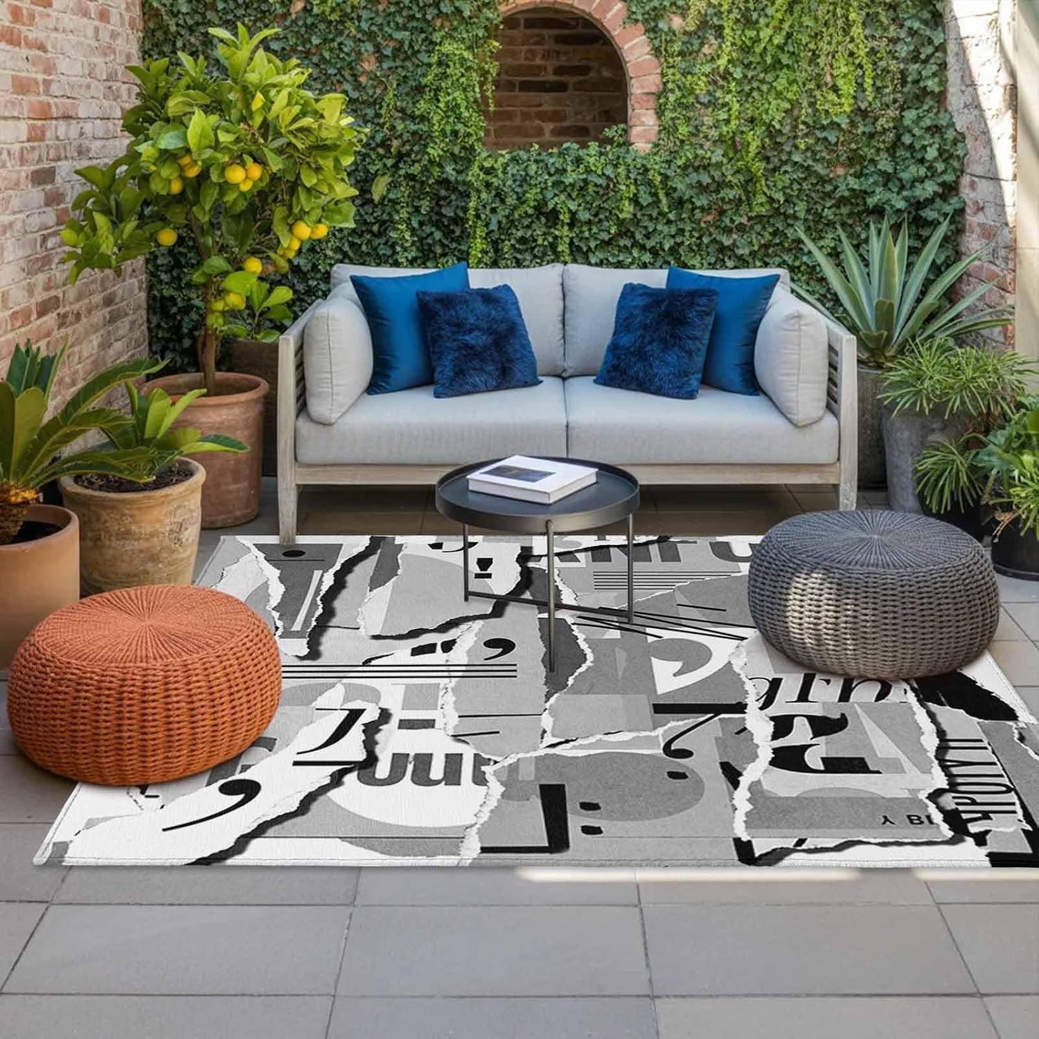 Torn Paper Outdoor Rug for Patio/Deck/Porch, Non-Slip Large Area Rug 4 x 6 Ft, Vintage Abstract Collage Newspaper Art Indoor Outdoor Rugs Washable Area Rugs, Reversible Camping Rug Carpet Runner