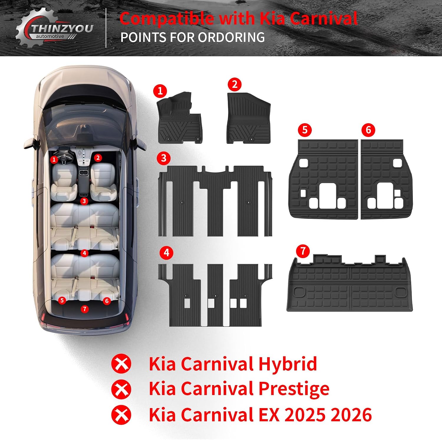 Floor Mats Compatible with 2022-2025 2026 Kia Carnival 8 Seater MPV No Hybrid&Prestige Trunk Liner Cargo Liner Cargo Mat 2024 Carnival Accessories (Floor Mats+Trunk Mat+Backrest Mats)