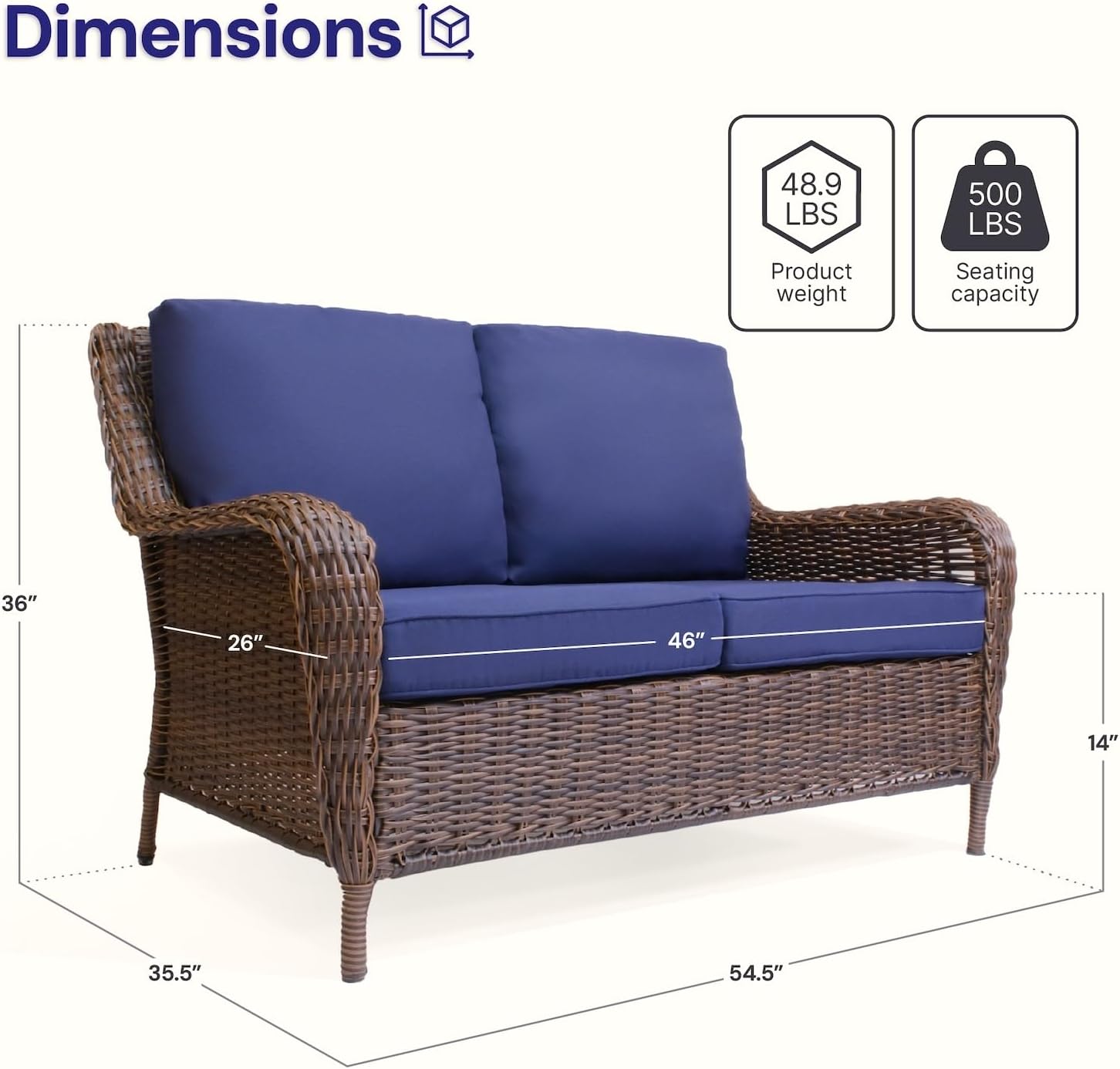Cambridge Outdoor Wicker Loveseat Sofa: All-Weather HDPE Rattan Resin Furniture Patio Couch w/CushionGuard, Midnight Navy Blue