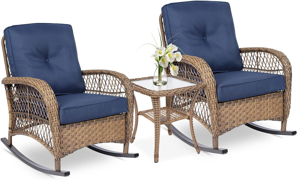 VIVIJASON 3-Piece Outdoor Conversation Bistro Set, Patio Wicker Rocking Chairs Rattan Furniture Sets w/ 2 Rattan Chairs, Cushions, Glass Top Side Table for Garden Porch Backyard (Navy Blue)