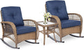 VIVIJASON 3-Piece Outdoor Conversation Bistro Set, Patio Wicker Rocking Chairs Rattan Furniture Sets w/ 2 Rattan Chairs, Cushions, Glass Top Side Table for Garden Porch Backyard (Navy Blue)