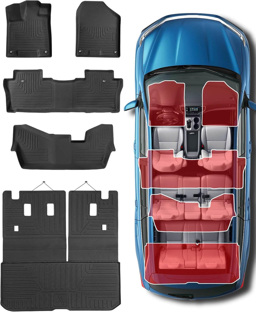 Car Floor Mats for Honda Pilot 2016-2022 8 Seats (No Elite Models), Accessories for Honda Pilot 2016-2022, All Weather Black Rubber Liners for Cars, Custom Fit Trunk Mat Back Seat Cover, 4PCS