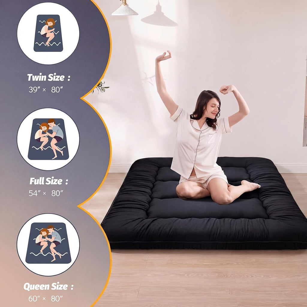 MAXYOYO 6' Extra Thick Japanese Floor Mattress Futon Mattress, Foldable Tatami Pad for Adults, Roll Up Floor Mat for Living Room Guest Room RV, Black, Queen