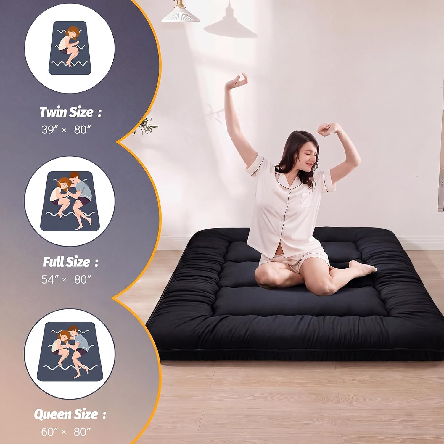 MAXYOYO 6' Extra Thick Japanese Floor Mattress Futon Mattress, Foldable Tatami Pad for Adults, Roll Up Floor Mat for Living Room Guest Room RV, Black, Queen