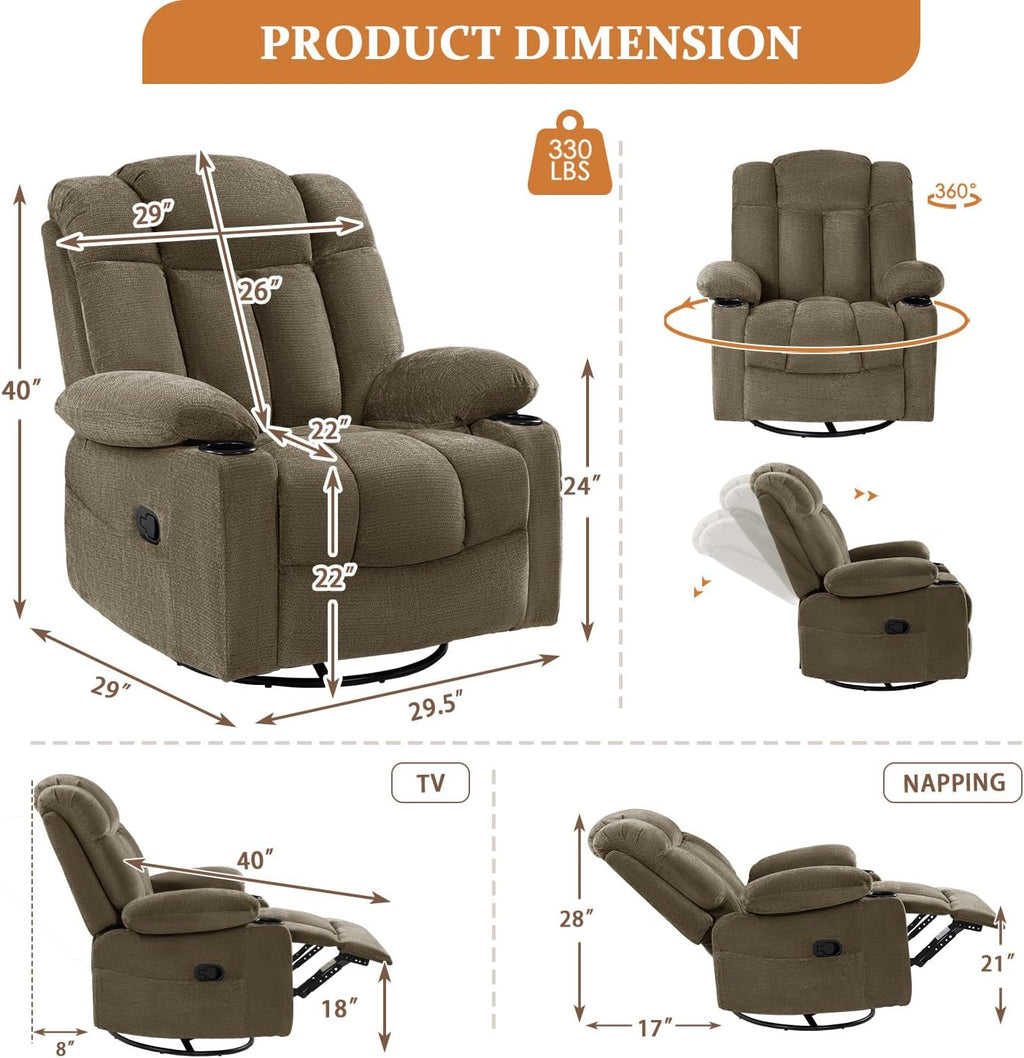 Swivel Rocker Recliner Chair for Adults – Manual Glider Sofa with Massage, Heat & Vibration, 360° Rocking for Living Room or Nursery (Light Brown, 30'x30'x40')