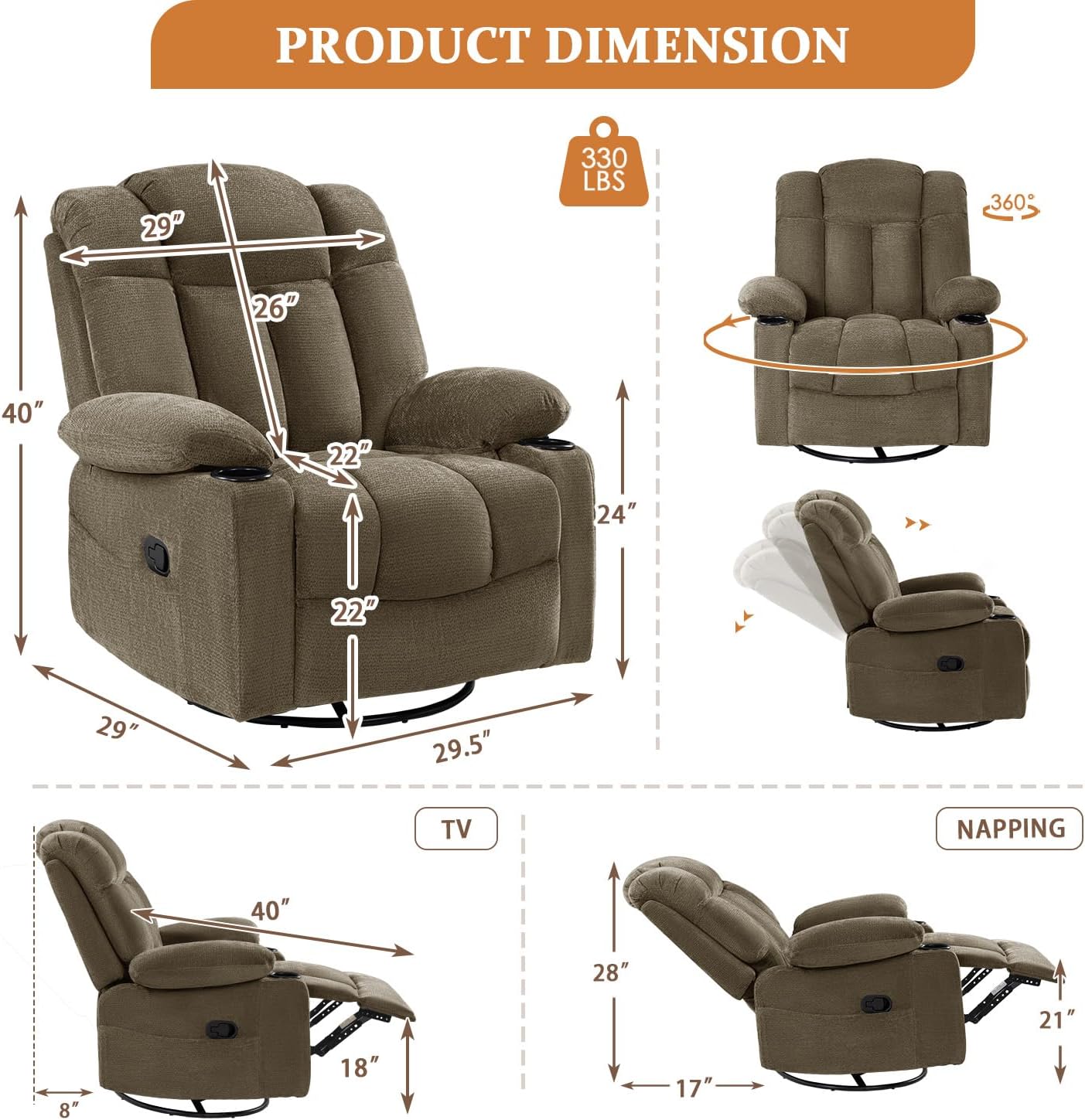 Swivel Rocker Recliner Chair for Adults – Manual Glider Sofa with Massage, Heat & Vibration, 360° Rocking for Living Room or Nursery (Light Brown, 30'x30'x40')