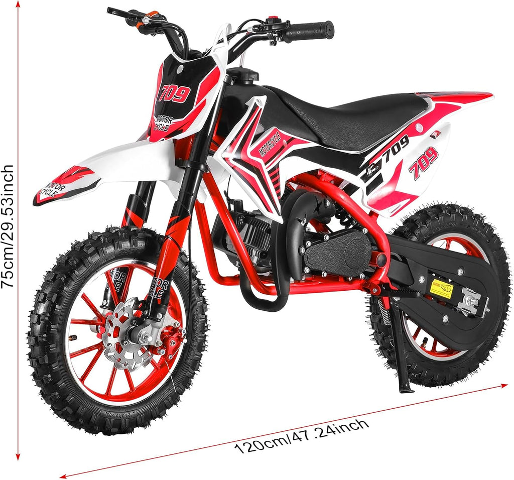 49cc 2-Stroke Kids Dirt Bike, Gas Power Motocross, Off Road Mini Motorcycle, Pocket Motorbike with Front Rear Disc Brakes, Racing Max Speed 30KM/H (Red)