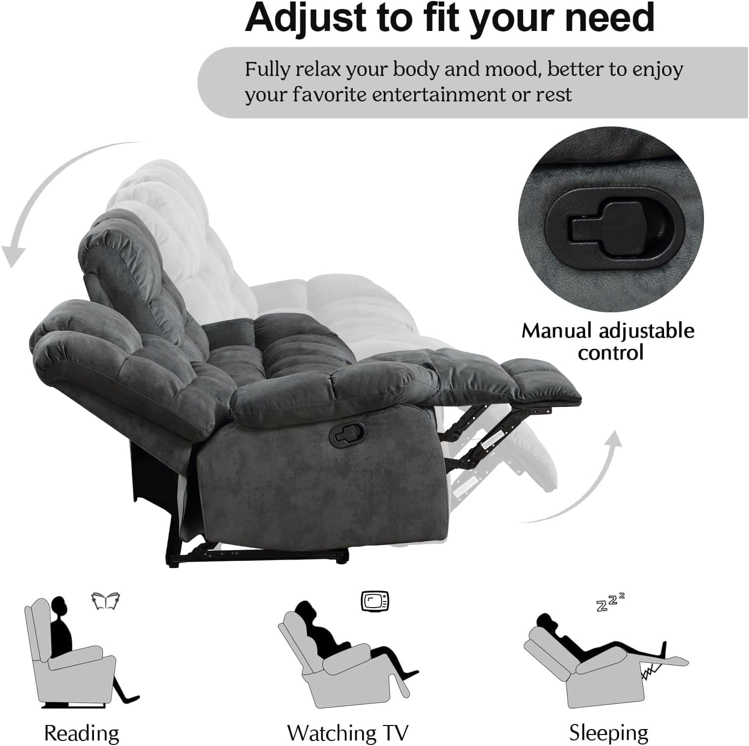 CANMOV Manual Reclining Sofa Set, 3 Pieces Recliner Sofa Set, Manual Recliner Chair, Reclining Loveseat and 3-Seat Sofa for Living Room, 3 Pieces Furniture Set, Grey (1+2+3)