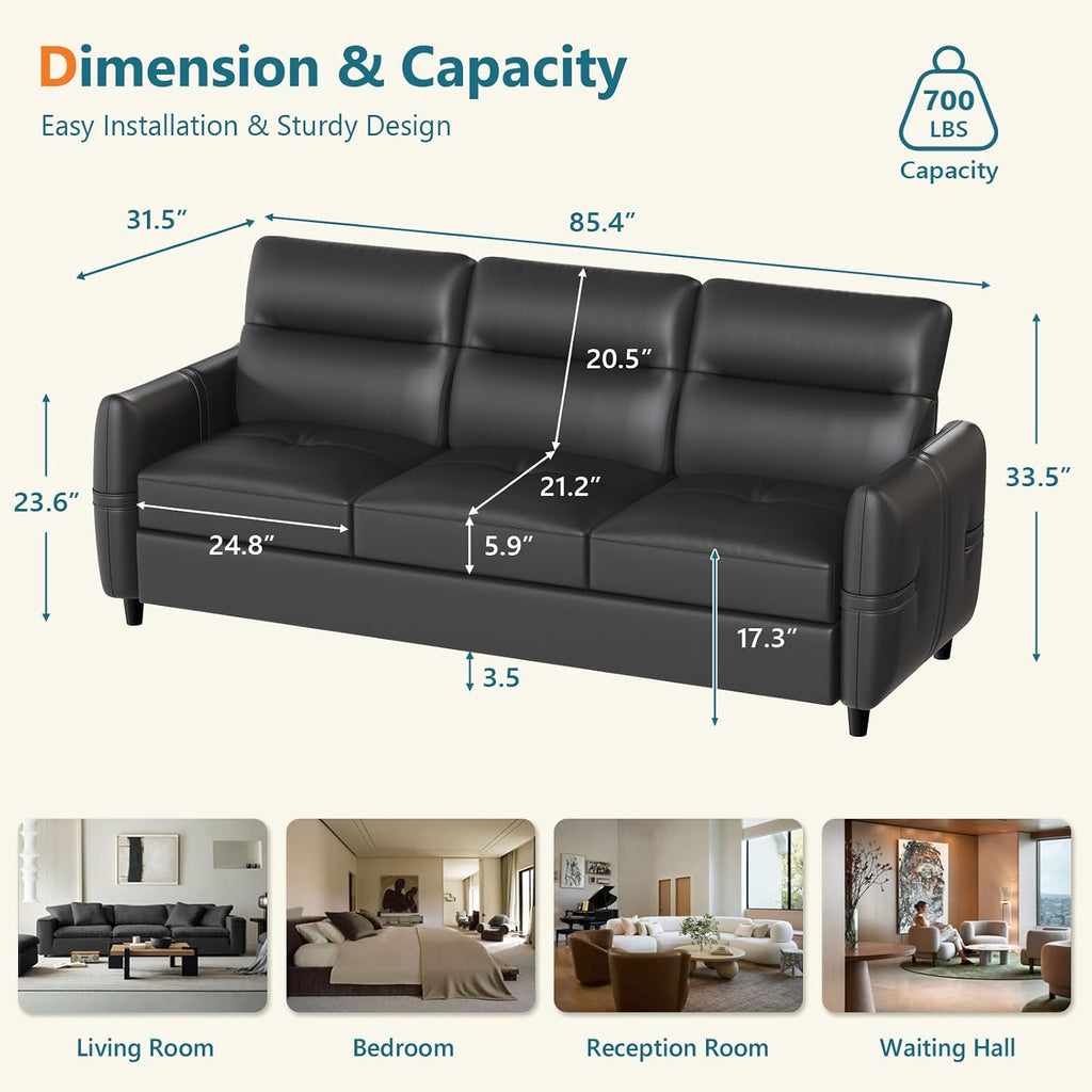 STHOUYN 85' Black Faux Leather Couch with USB, 3 Seater Sofa Couches for Living Room, Large Mid Century Modern Office Apartment Couch (Black)