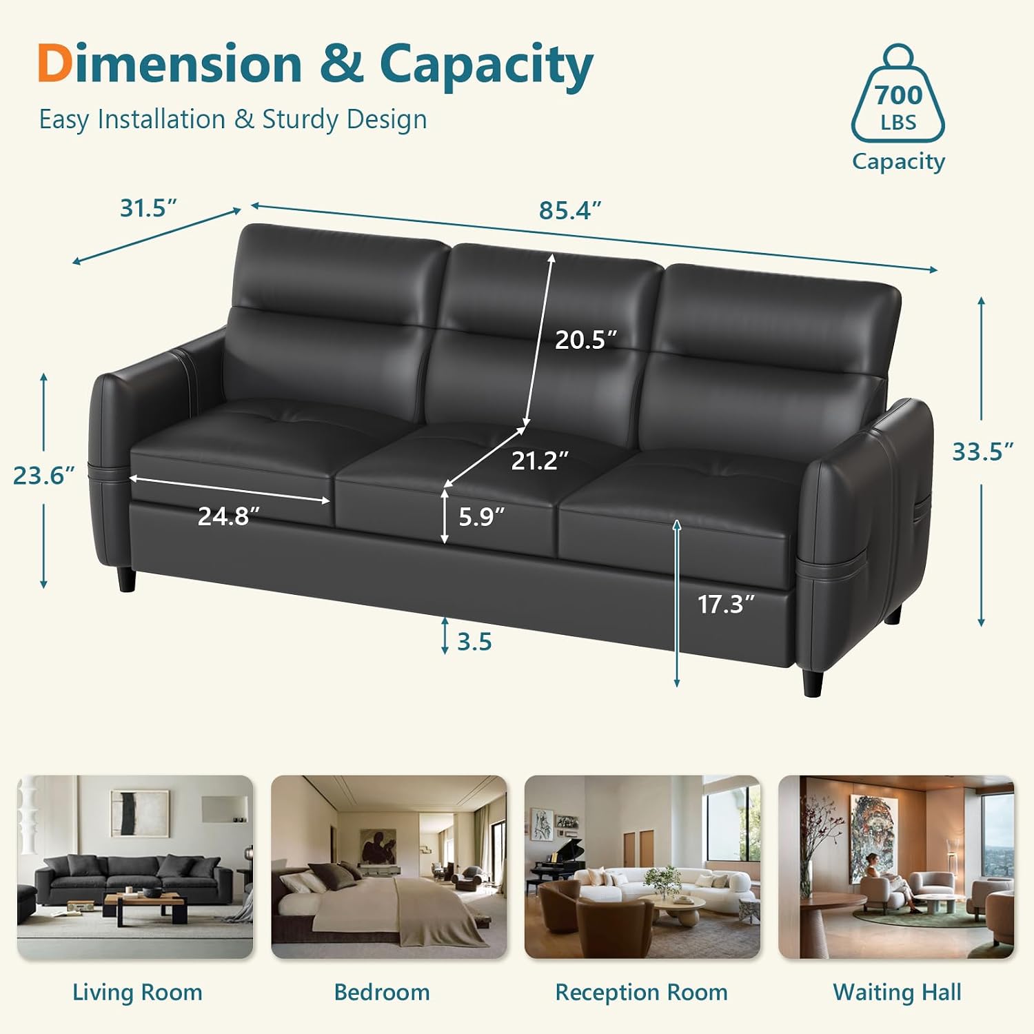 STHOUYN 85' Black Faux Leather Couch with USB, 3 Seater Sofa Couches for Living Room, Large Mid Century Modern Office Apartment Couch (Black)