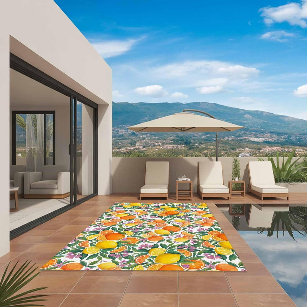 Orange Lemons Outdoor Rug for Patio/Deck/Porch, Non-Slip Large Area Rug 4 x 6 Ft, Summer Botanical Pastoral Elegant Indoor Outdoor Rugs Washable Area Rugs, Reversible Camping Rug Carpet Runner