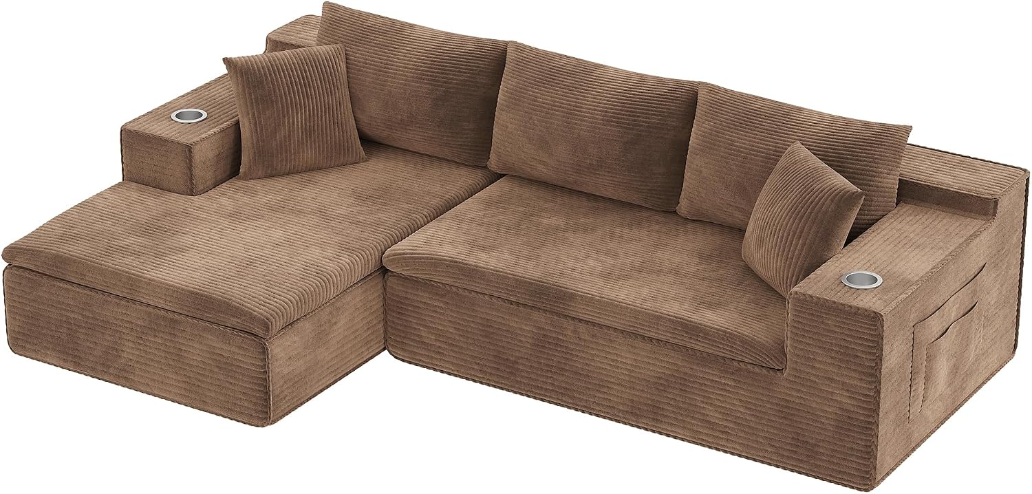 Homall 109' Boneless Couch with Memory Foam, Modular Sectional Sofa with L-Shape Chaise, Cloud Couch with Deep Seat, Dual Cup Holders & Side Pockets, No Assembly Required (Brown)