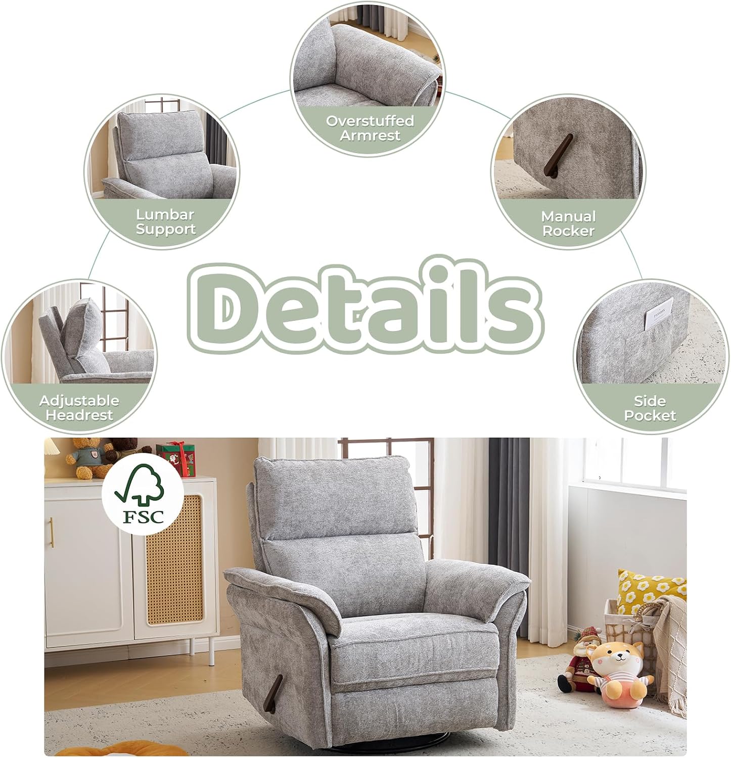 Swivel Rocker Recliner with Adjustable Headrest,Upholstered Glider Rocker Recliner with Overstuffed Armrest,Manual Recliner Nursery Chair for Living Room,Light Grey