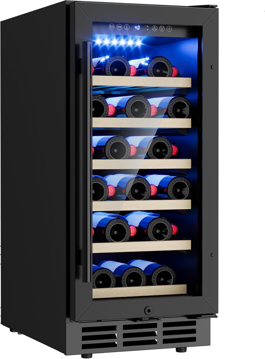 15 Inch Under Counter Wine Fridge, 29 Bottles Wine Cooler Refrigerator with Double-Layer Glass Door, Small Wine Fridge for Built-In or Freestanding with Removable Shelves, for Home, Office (Black)