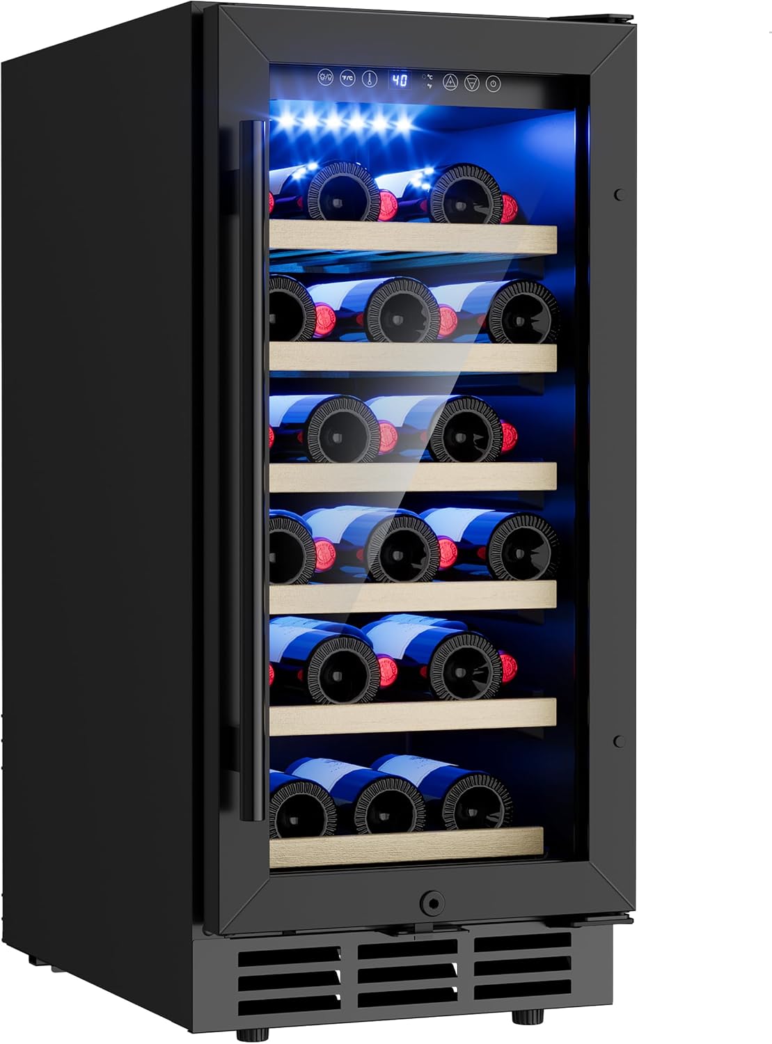 15 Inch Under Counter Wine Fridge, 29 Bottles Wine Cooler Refrigerator with Double-Layer Glass Door, Small Wine Fridge for Built-In or Freestanding with Removable Shelves, for Home, Office (Black)