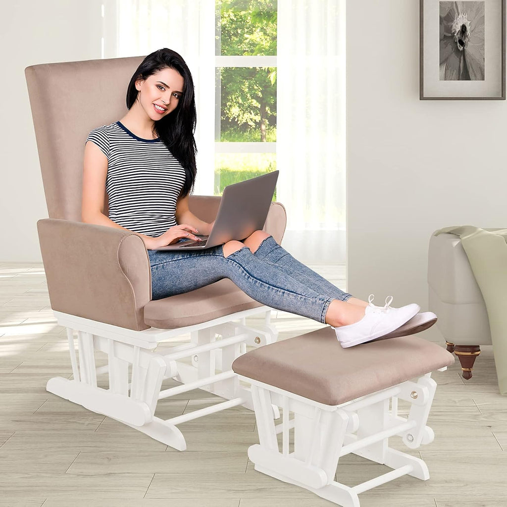 Costzon Glider and Ottoman Set, Wood Baby Rocker Nursery Furniture for Napping Reading Nursing, Cleanable Upholstered Comfort Rocking Nursery Chair with Detachable Cushion (Pink)