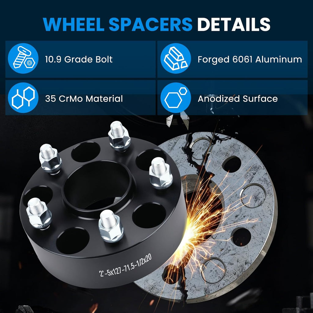 5x5 Wheel Spacers Hubcentric Real Forged Spacers Center Bore 71.5mm 1/2'-20 Studs for 2007-2017 Wrangler JK/JKU, 2'(50.8mm) Commander XK for 5 Lug Set of 4 Black