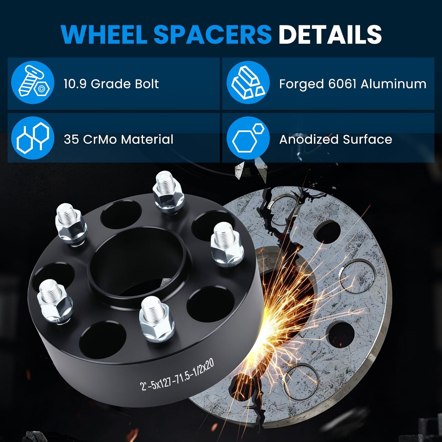 5x5 Wheel Spacers Hubcentric Real Forged Spacers Center Bore 71.5mm 1/2'-20 Studs for 2007-2017 Wrangler JK/JKU, 2'(50.8mm) Commander XK for 5 Lug Set of 4 Black