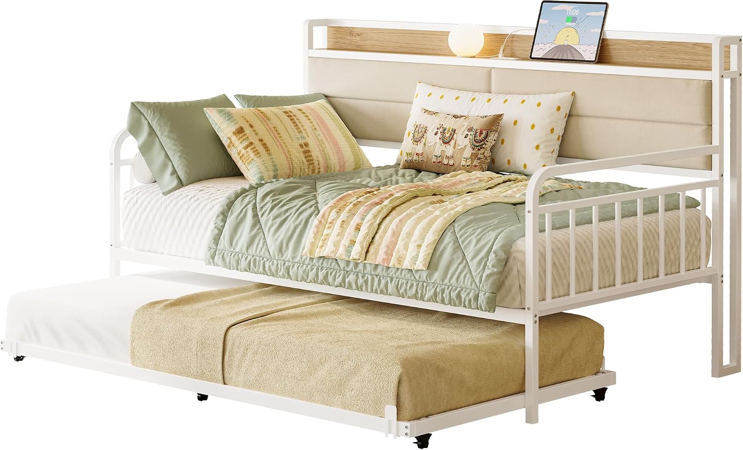 LIKIMIO Daybed with Trundle, Sturdy Metal Twin Bed Frame with Upholstered Headboard and Charging Station for Living Room, Bedroom and Guest Room, White