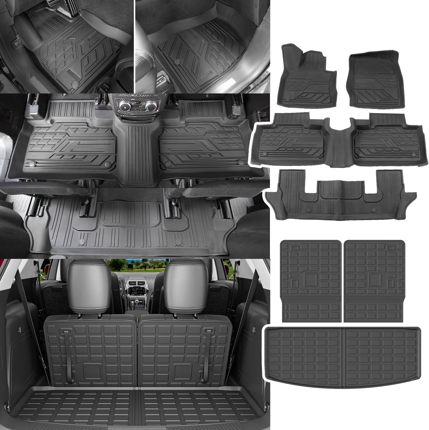 powoq Floor Mats Compatible with 2020-2026 Ford Explorer 6&7 Seats Cargo Mat Cargo Liner TPE Replacement for 2020-2023 2024 2025 2026 Ford Explorer Accessories (Trunk Mat+Backrest Mats+Floor mats)
