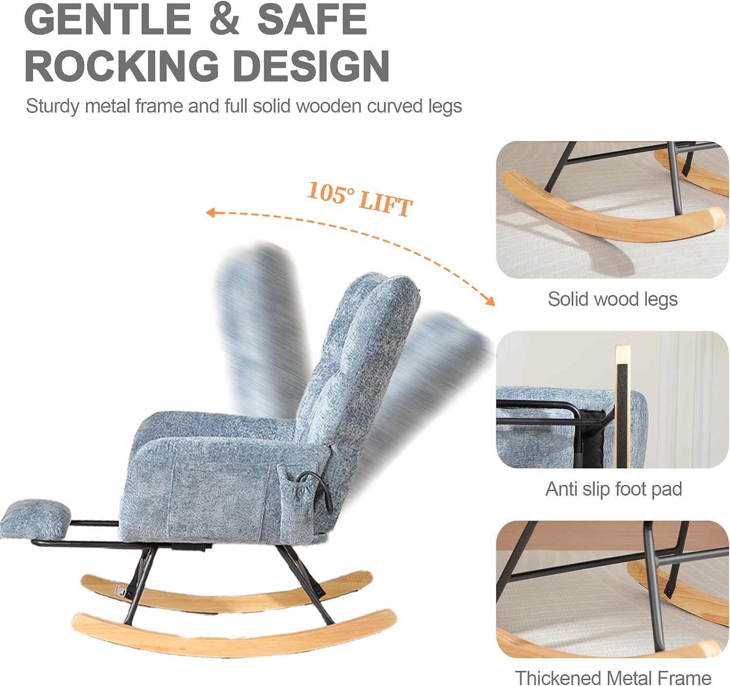 Rocking Chair Nursery with Airbag, Comfy Modern Nursery Rocking Reading Chair Indoor with Footrest, Cozy Upholstered Glider Rocker Chairs for Living Room Bedroom Offices(Chenille, Blue)