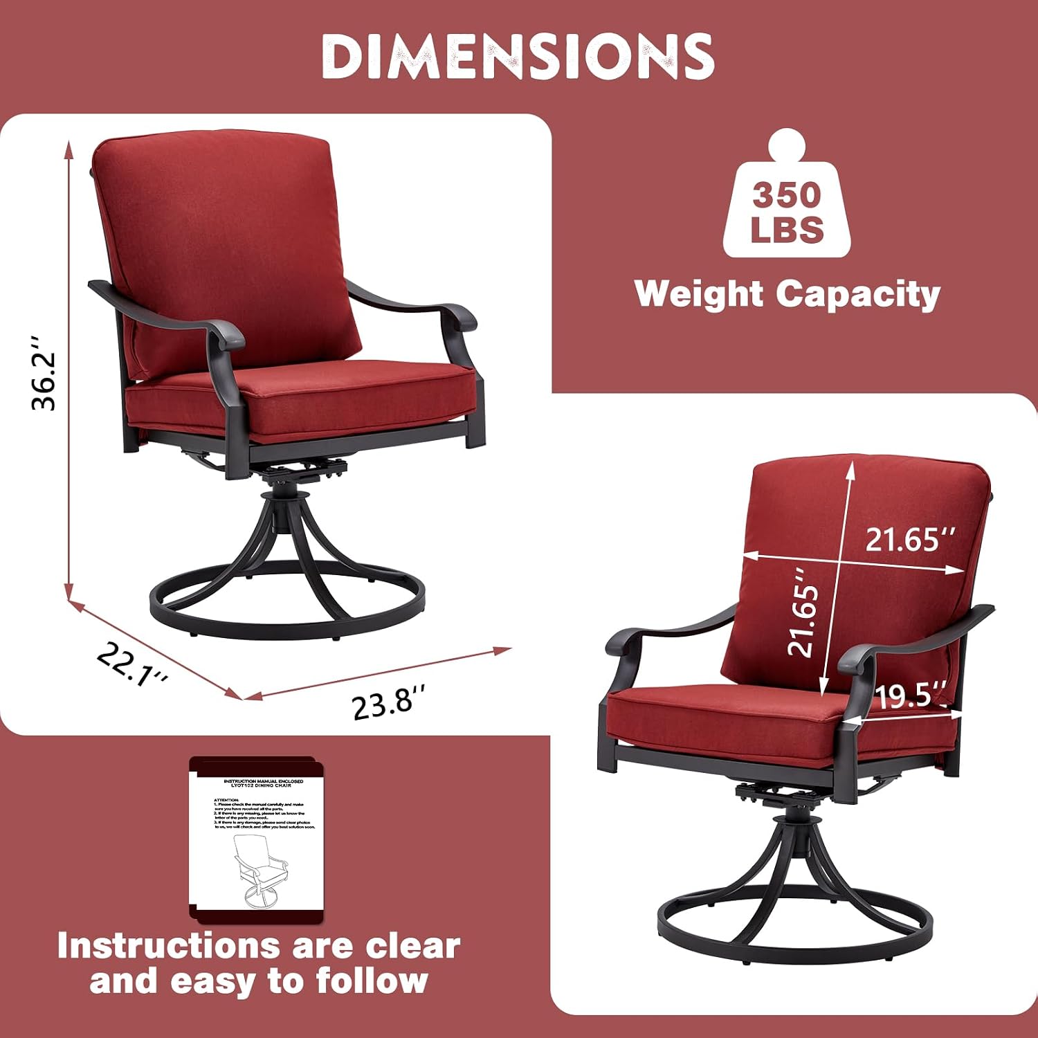 MELLCOM Patio Swivel Chair Set of 4, Heavy Duty Outdoor Dining Chairs with Thickened Cushions, Metal Patio Chairs Gentle Rocker for Outside, Garden Lawn & Porch, Backyard, Red