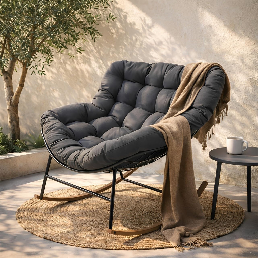 Outdoor Papasan Rocking Chair with Cushion for Patio Porch Balcony, Oversized Cozy Lounge Rocker Chair, All Weather Durable Frame, Comfortable Rocking Chair for Backyard Garden, Gray