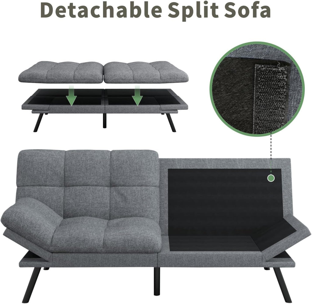 MUUEGM 71-Inch Futon Sofa Bed, Convertible Loveseat Sleeper | Airy Light Gray Linen | Adjustable Couch for Modern, Minimalist Spaces