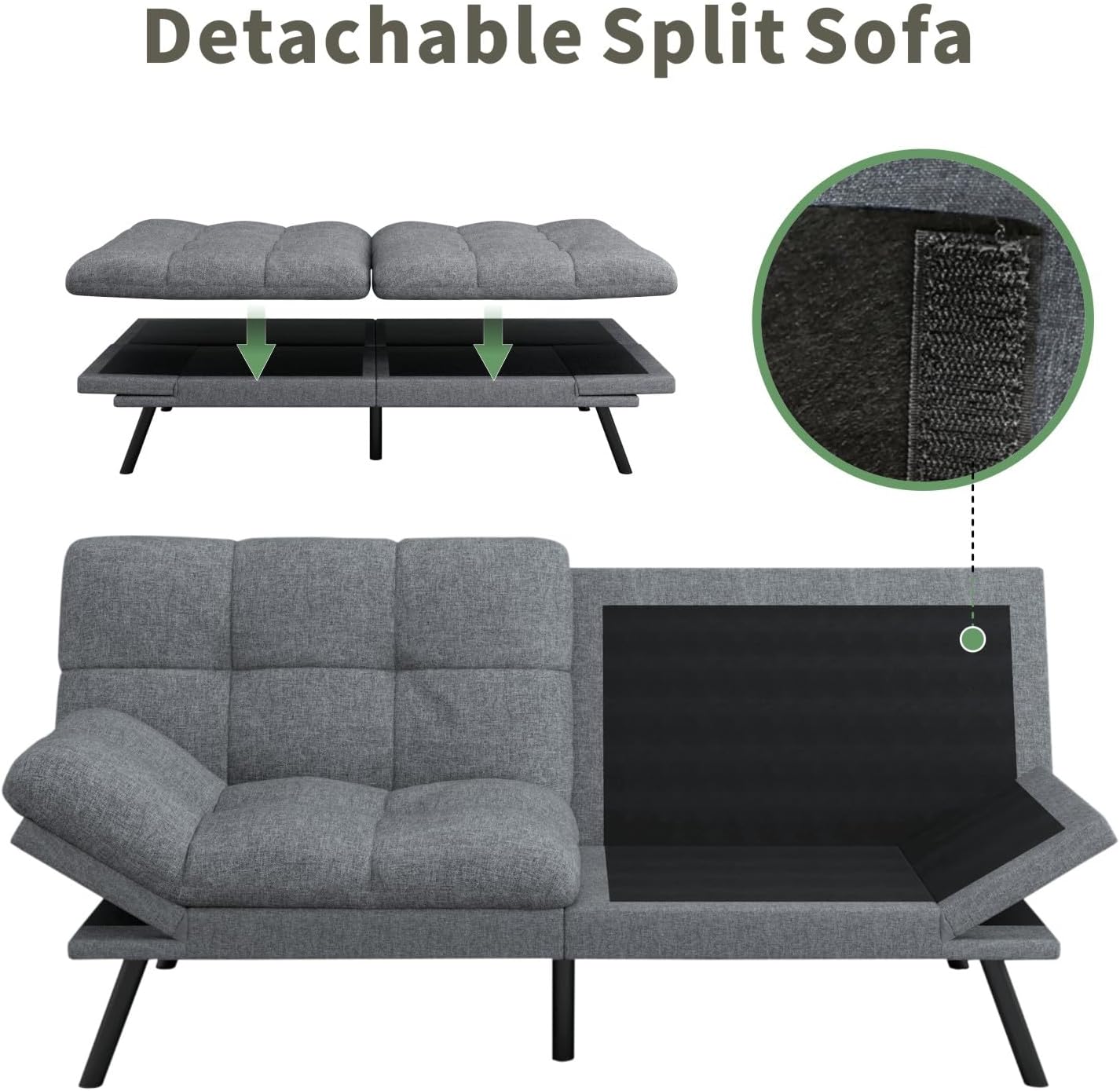 MUUEGM 71-Inch Futon Sofa Bed, Convertible Loveseat Sleeper | Airy Light Gray Linen | Adjustable Couch for Modern, Minimalist Spaces
