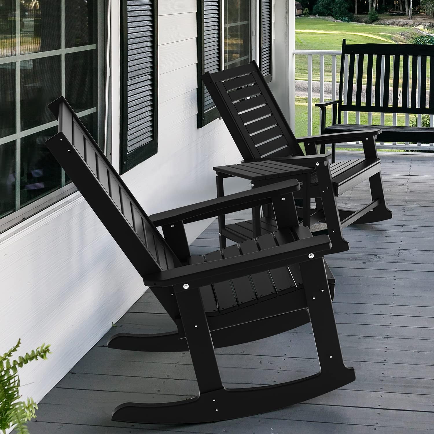 GREENVINES Oversized Rocking Chair, All Weather Resistant Outdoor Indoor Fade-Resistant Patio Rocker Chair，Stable Durable Smooth Rocking, Comfortable Easy to Maintain, Load Bearing 350 lbs (Black)