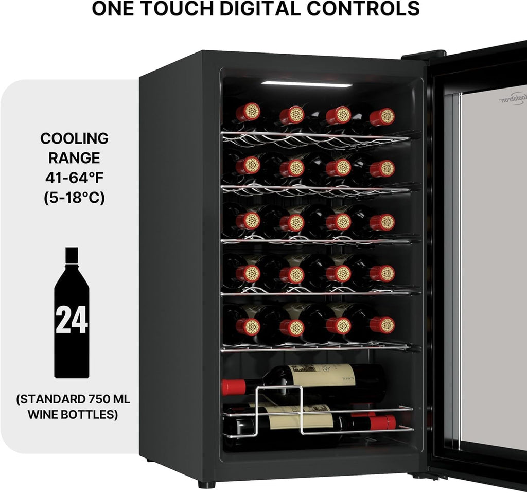 ‎Koolatron Wine Fridge - Wine Cooler, 24 Bottle Wine Cabinet for Champagne, Red & White Wine, Freestanding Cellar For Bar, Home, Kitchen, Double Paned Glass Door, (68L)
