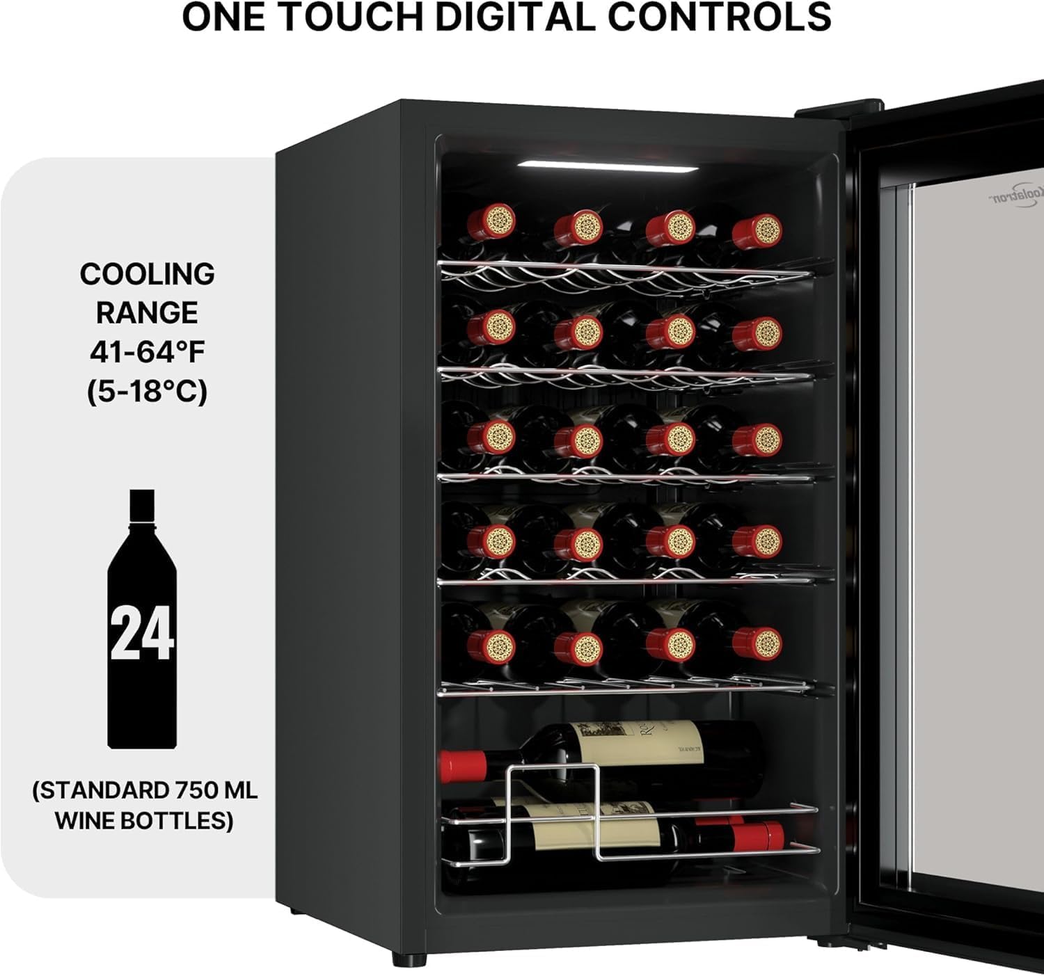 ‎Koolatron Wine Fridge - Wine Cooler, 24 Bottle Wine Cabinet for Champagne, Red & White Wine, Freestanding Cellar For Bar, Home, Kitchen, Double Paned Glass Door, (68L)