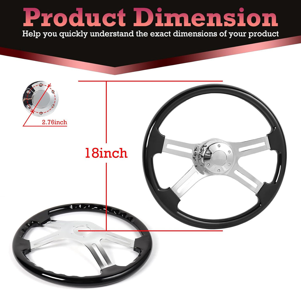 18 Inch Solid Wood Lacquering Truck Steering Wheel 450mm,4 Chrome Spokes,5 Bolt Pattern,Replacement for Kenworth for Peterbilt Semi Trailer for Volvo for Freightliner Steering Wheel