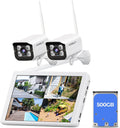 Wireless Security Camera System with 10' LCD Monitor, 2PCS 3MP Bullet Outdoor Camera Metal Shell for Home Surveillance, 10CH NVR with 500G HDD, 24/7 Record,Human Detection,No Monthly Fee