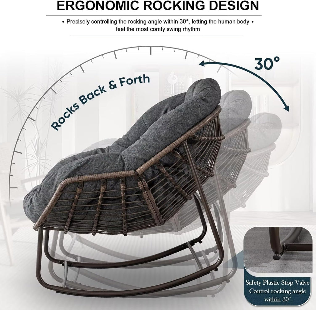 Outdoor Papasan Rocking Chair, Patio Oversized Wicker Egg Rocking Chair, Indoor & Outdoor Comfy Rocker Chair with Thick Cushion, Modern Lounge Chair for Front Porch, Garden, Backyard, Grey