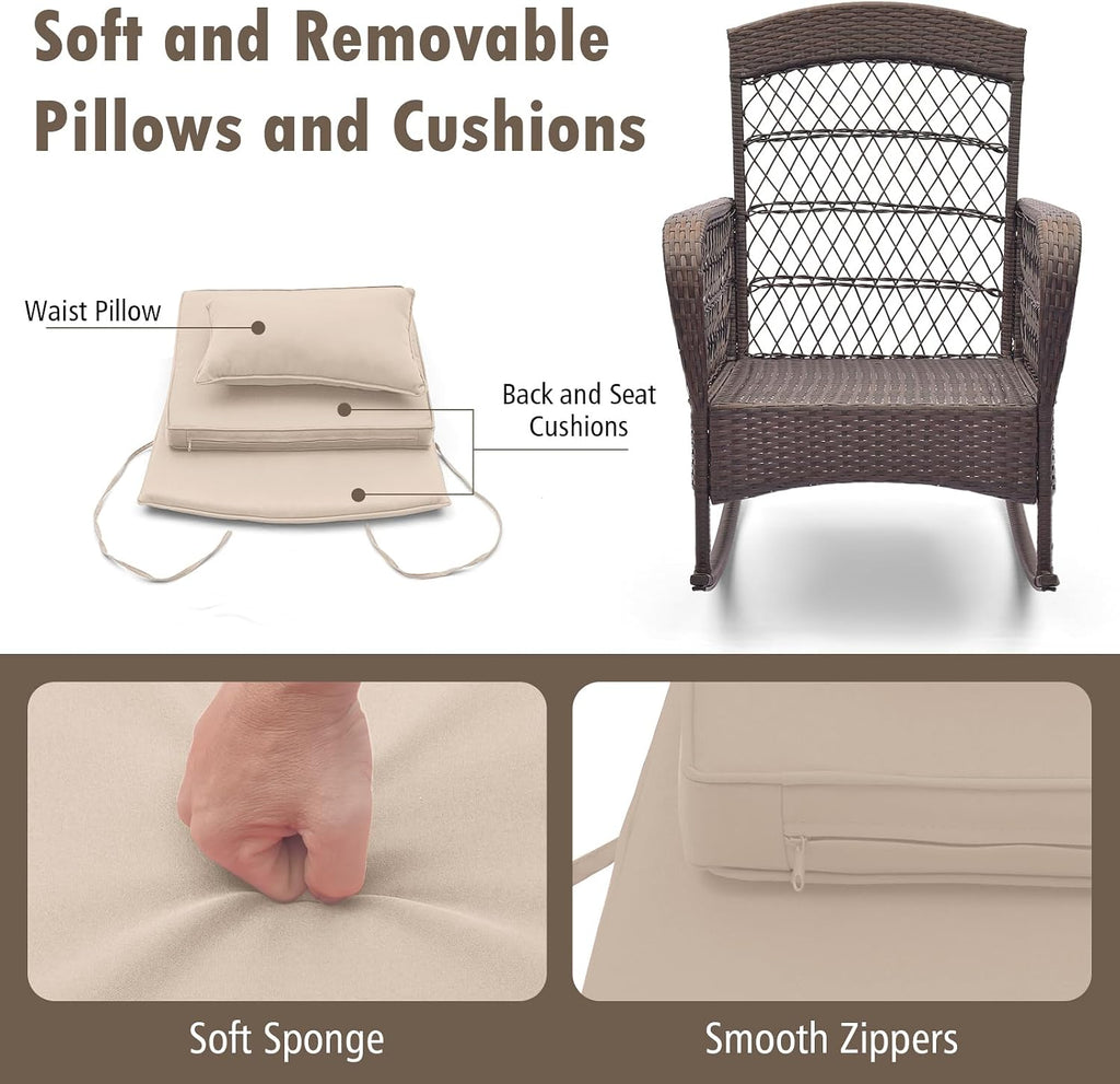 HAPPYGRILL 3 Pieces PE Rattan Rocking Bistro Set, Rocking Chairs with 2-Tier Coffee Table, Thick Pillows and Cushions, Outdoor Conversation Set for Porch, Garden and Poolside, (Beige)