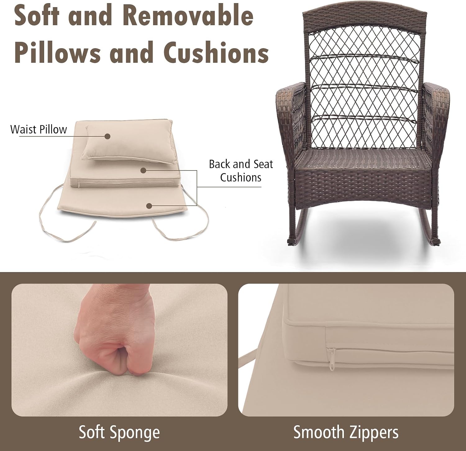 HAPPYGRILL 3 Pieces PE Rattan Rocking Bistro Set, Rocking Chairs with 2-Tier Coffee Table, Thick Pillows and Cushions, Outdoor Conversation Set for Porch, Garden and Poolside, (Beige)