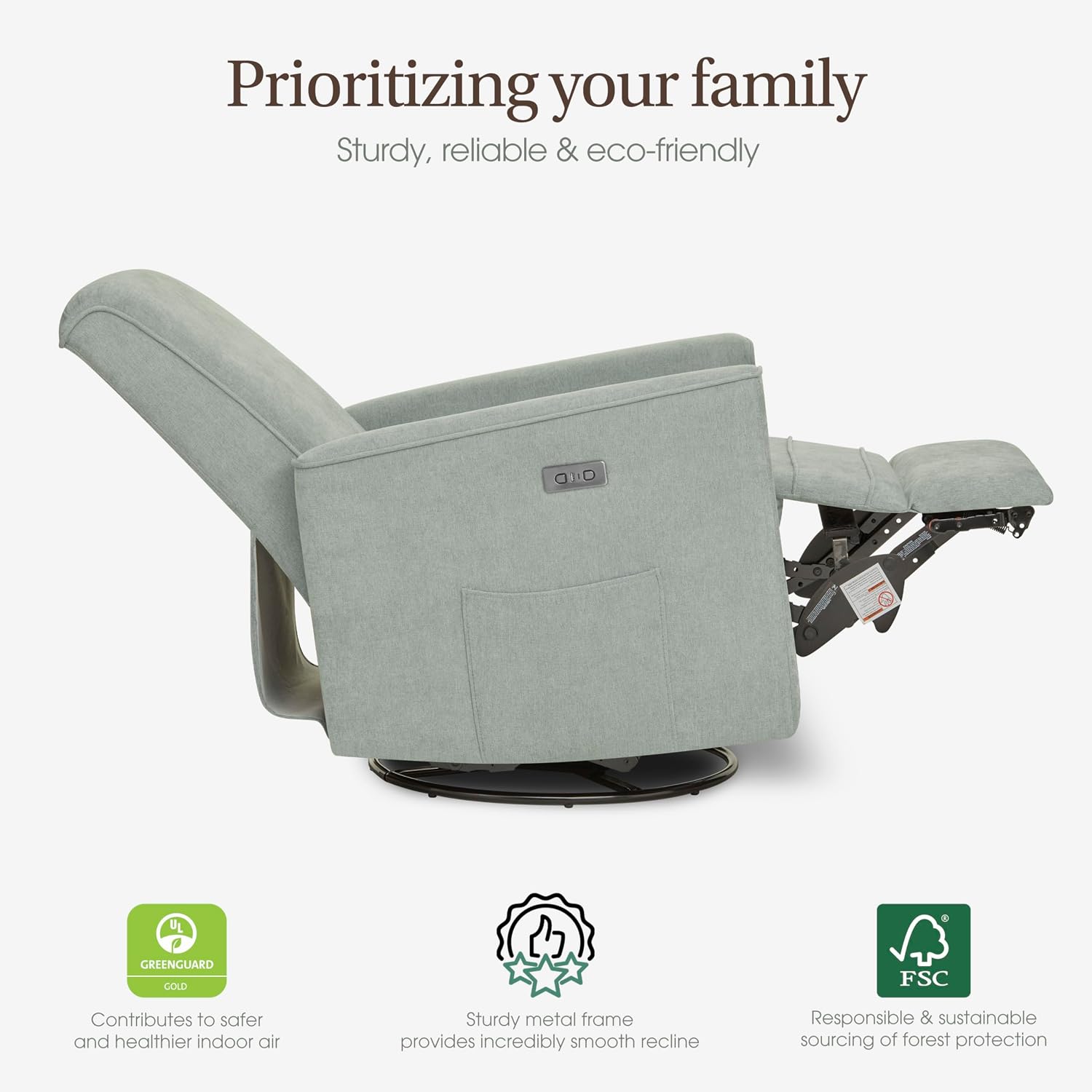 Evolur Harlow Upholstered Power Glider Recliner with USB Charging – Rocking & 275° Swivel with Smooth Glide – Greenguard Gold & FSC Certified – Modern Nursery and Living Room Chair in Sage