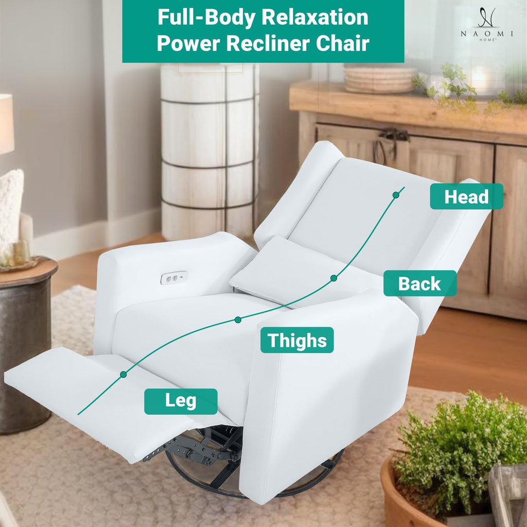 Naomi Home Tanya Luxury Motion Recliner Chair, Bright White – Plush Upholstered Glider Rocker with USB Charging, Swivel, and Lumbar Support for Nursery Comfort, 275 lbs Capacity