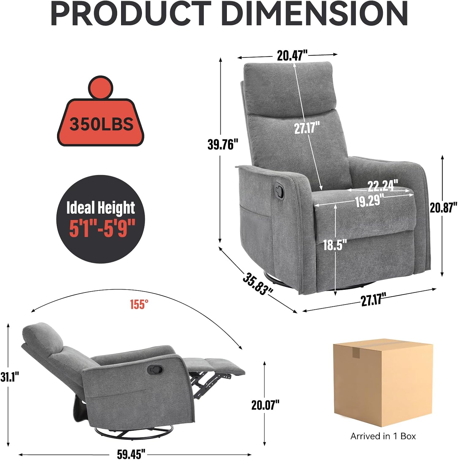 Anwick 360° Swivel Rocker Recliner Chair with Heat and Massage, Manual Upholstered Recliner for Small Spaces, Fabric Glider Nursery Chair with Side Pockets for Living Room (Grey)