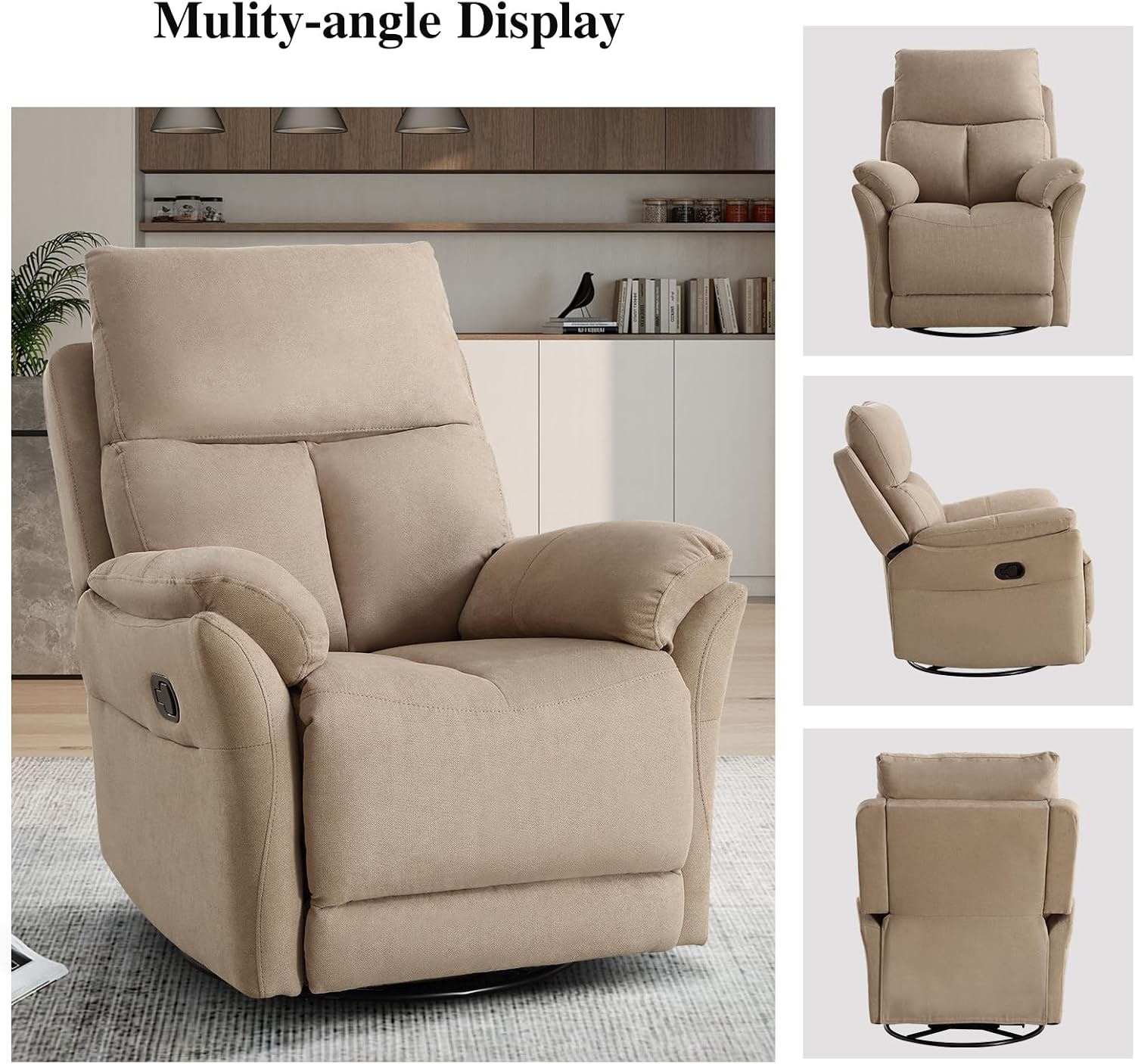 CANMOV Swivel Rocker Recliner, Manual Recliner with Overstuffed Cushion, Nursing Chairs for Living Room, Swivel Glider Recliners with Soft Backrest, Brown