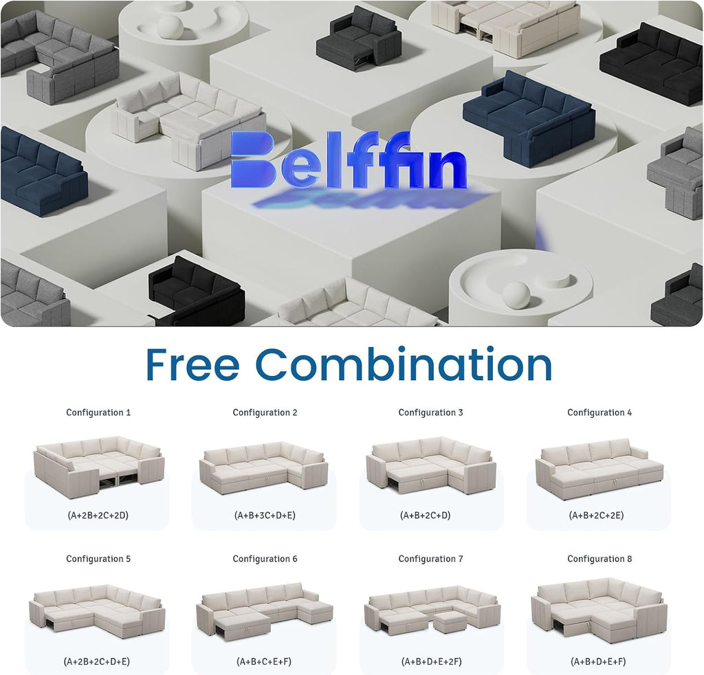 Belffin Modular Sectional Sofa with Sleeper Sofa Couch Pullout Bed, Oversized U Shaped Sleeper Sectional Couch with Storage Seat for Living Room, Beige