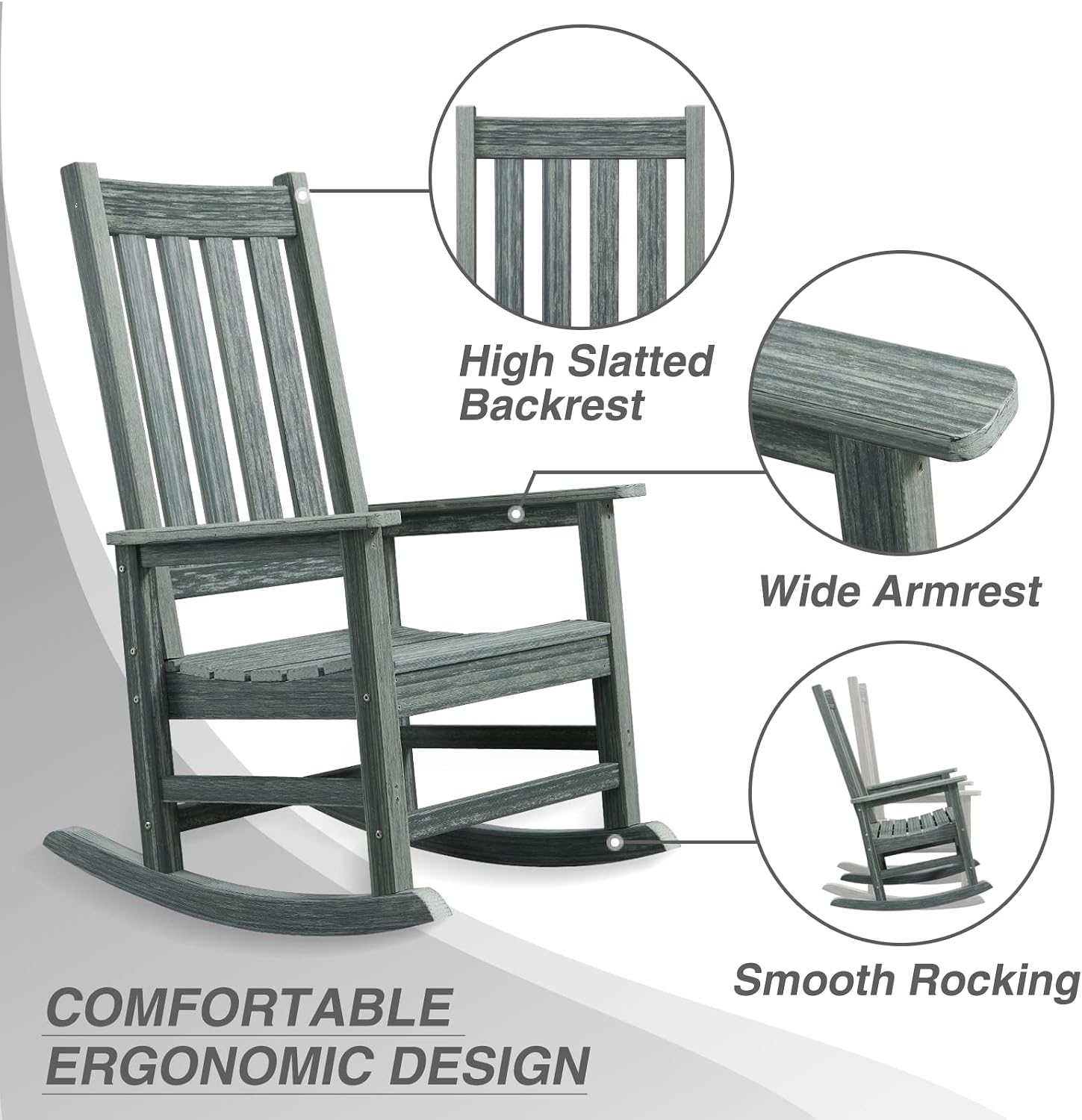 Rocking Chair Outdoor, HDPE Oversized Patio Rocking Chairs, Weather Resistant, 350lbs Heavy Duty Porch Rocker with High Back for Backyard, Fire Pit, Garden and Indoor (Grey)