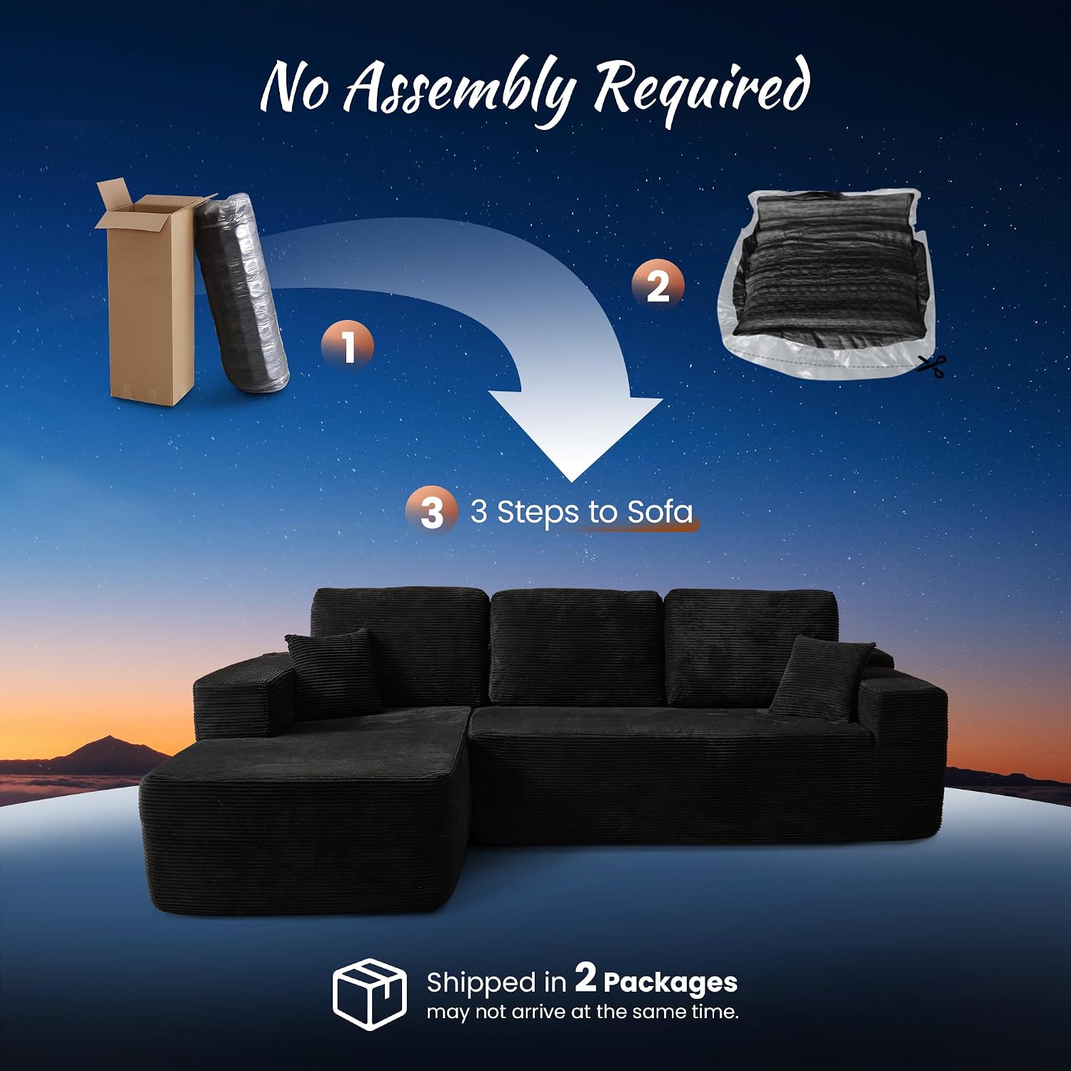 ovios 104' Cloud Boneless Couch with Glitter Fabric, Moudular Sectional Sofa with Deep Seat, No Assembly Required, Modern Minimalist L Shaped Couches with Chaise for Living Room, Black