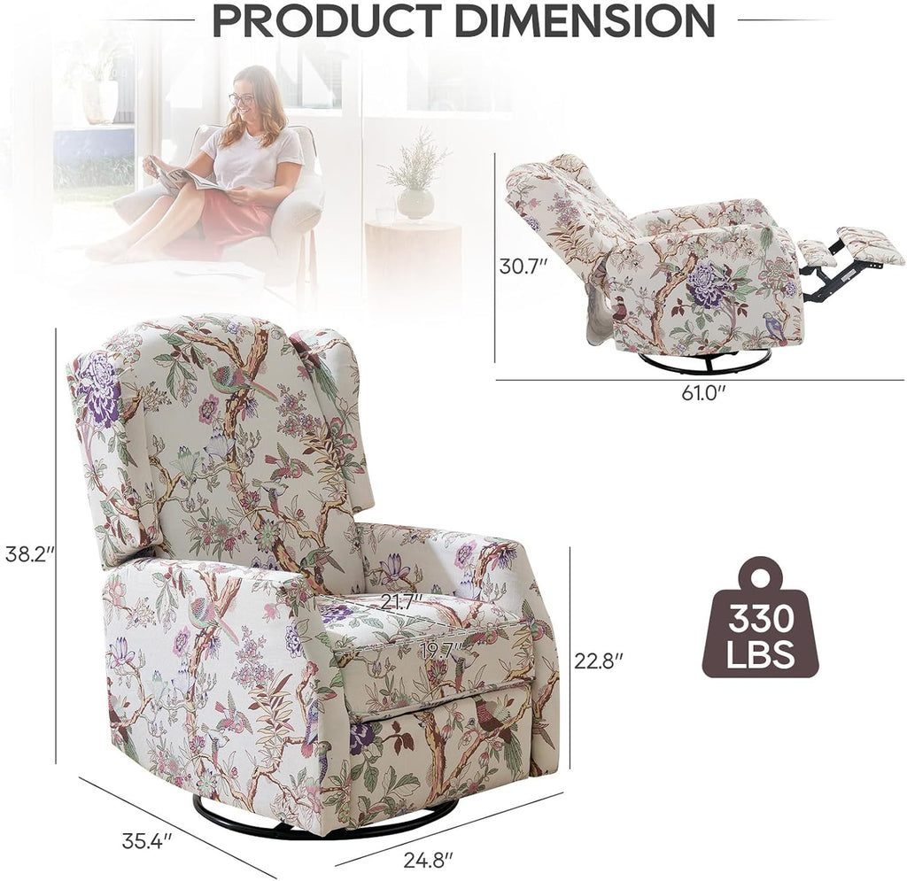 Swivel Rocker Recliner,Wingback Recliner Chair,Floral Accent Chair Fabric Chair with High Back,Padded Seat for Living Room,Bedroom, Home Office (Bird)