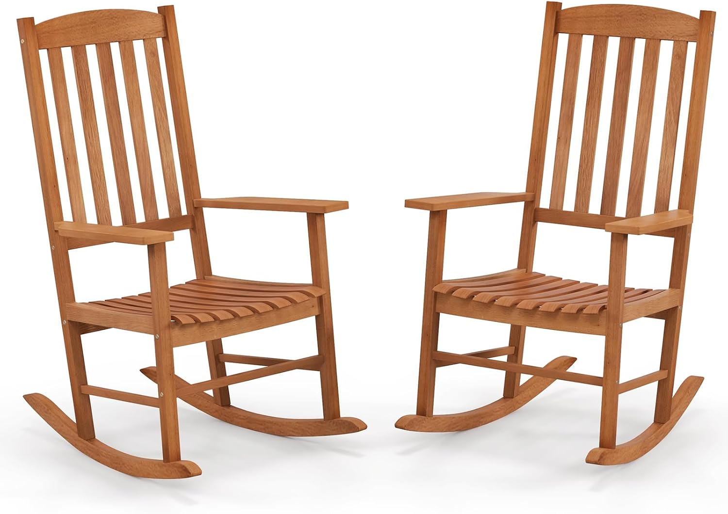 Tangkula Patio Rocking Chair with 400 lbs Weight Capacity, Eucalyptus Wood Porch Rocker with High Back, Patio Rocker Chair for Indoor and Outdoor Use (2)