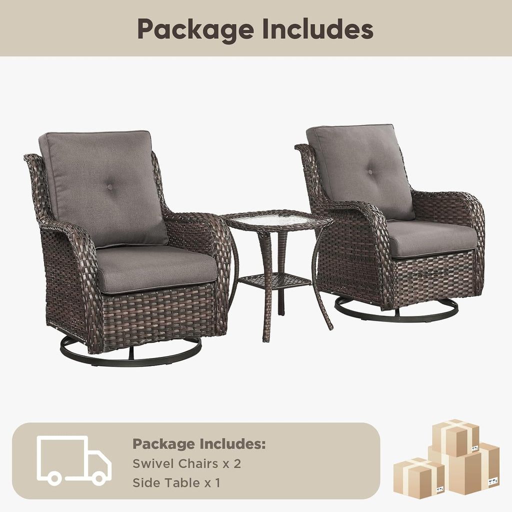 Belord Patio Wicker Chairs Swivel Rocker,Outdoor Patio Furniture Set with Rattan Side Table, All Weather Conversation Set for Porch Poolside Balcony, Brown Wicker/Gray